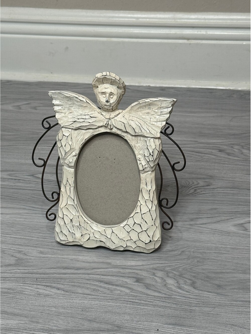 Angel Picture Oval Frame Distressed Ivory Crackle Metal Scroll Wings